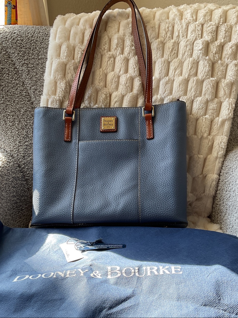 Dooney & Bourke Blue Pebble Leather Tote with Brown Straps